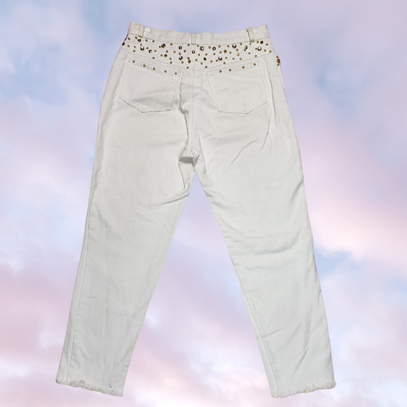 Vtg 80s Bebe Sport Hawaii White Denim Gold Studded Rhinestone High Waist Jeans - Picture 2 of 6